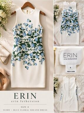 ERIN Erin Fetherston Blue Floral Sheath Dress Ivory Sleeveless Size 4